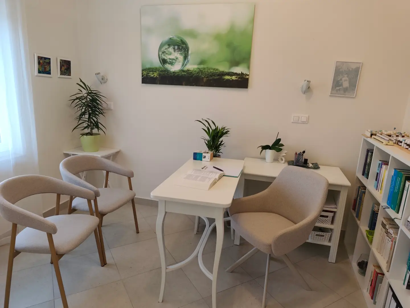 Prostor ordinacije za klasičnu homeopatiju u Puli, uređen za ugodne konzultacije uživo i online savjetovanja.
